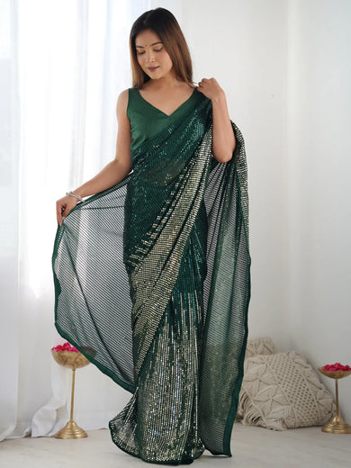 Dazzling Green Sequins Georgette Mehendi Wear Saree With Blouse